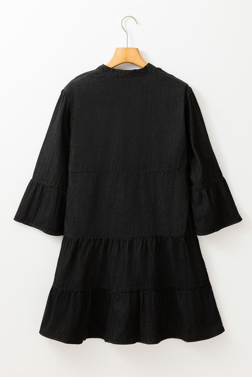 Chambray Ruffled 3/4 Sleeve Tiered Split V Neck Mini Dress